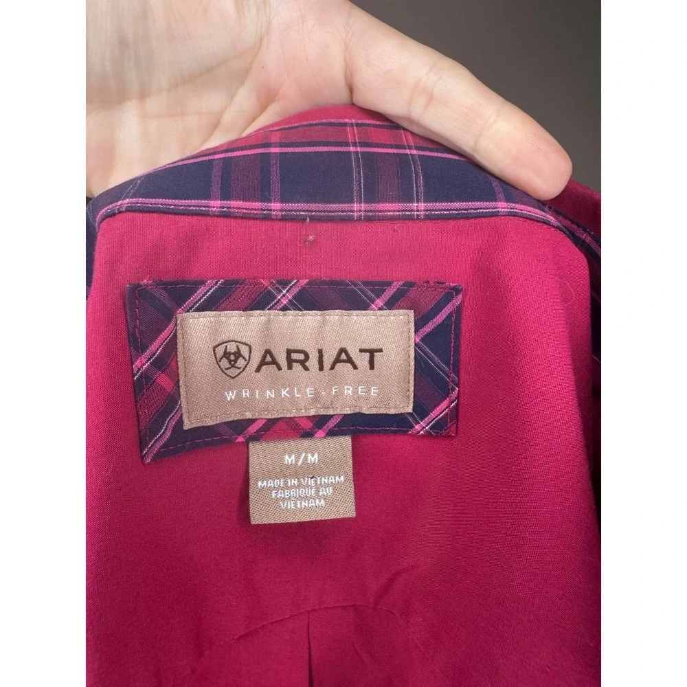 Ariat Mens Wrinkle‎ Free Button Down Shirt Magenta Pink Long Sleeve Medium M
